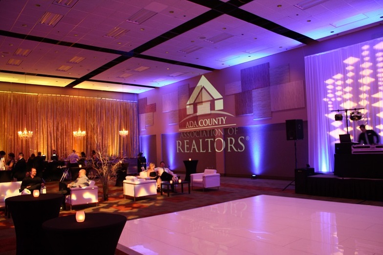 Company Logo with uplighting and dancefloor Boise Centre on the Grove Sound Wave Events 